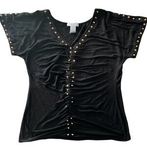Carmen Marc Valvo Black Studded Ruched Top L V-Neck Y2K Glam Edgy Blouse
